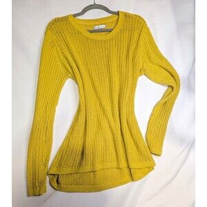 DE COLLECTION Women's Yellow Solid Open-Knit Crew Neck Long Sleeve Sweater XL